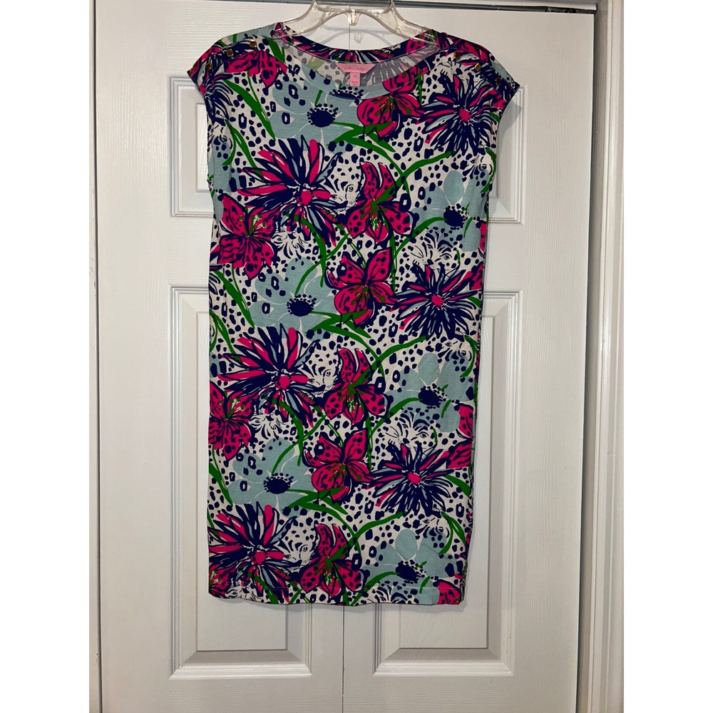Lilly Pulitzer Sleeveless Shift Dress Pink Blue Floral Cheetah Bright Print XS